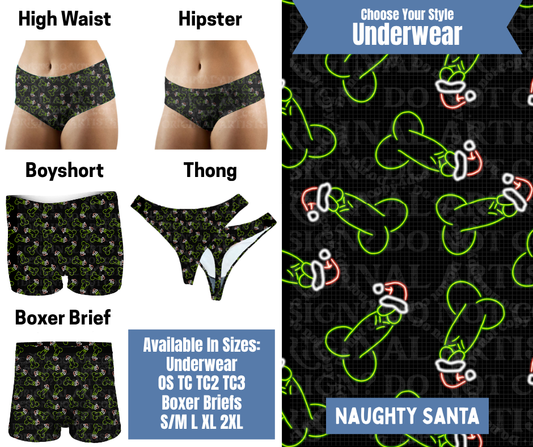 Preorder! Closes 8/26. ETA Nov. Naughty Santa Hipster, High Waist, Boyshort, & Thong Underwear & Boxer Briefs