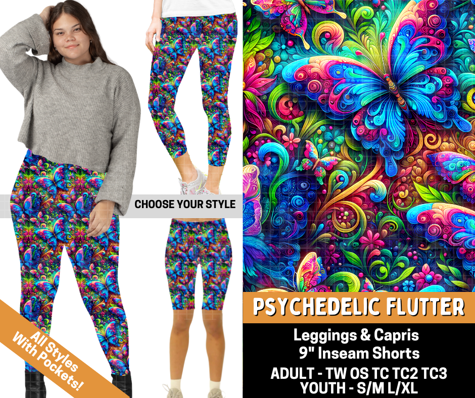 Preorder! Closes 6/1. ETA Sept. Psychedlic Flutter Combo Legging Lengths