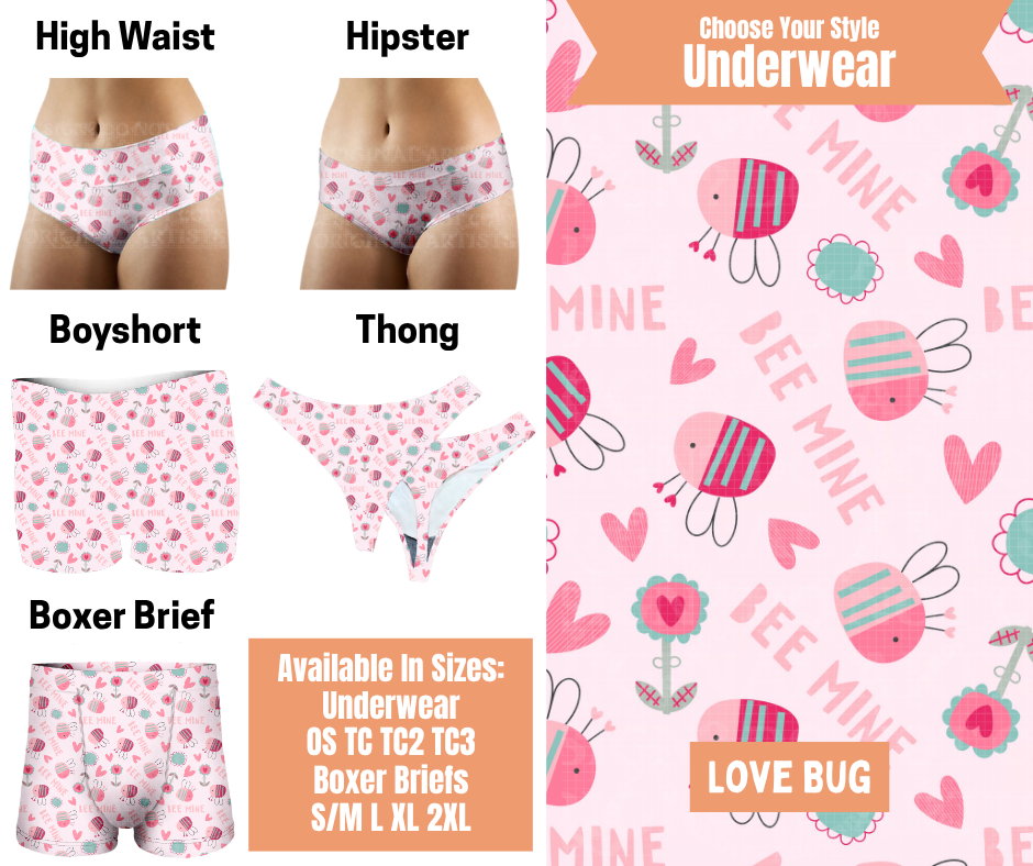 Preorder! Closes 11/5. ETA Feb. Love Bug Hipster, High Waist, Boyshort, & Thong Underwear & Boxer Briefs
