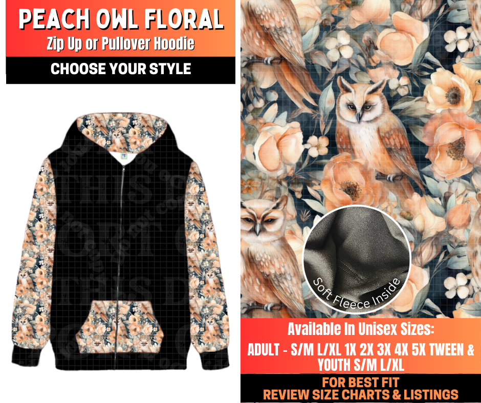 Preorder! Closes 12/29. ETA March. Peach Owl Floral Zip-Up or Pullover Hoodie