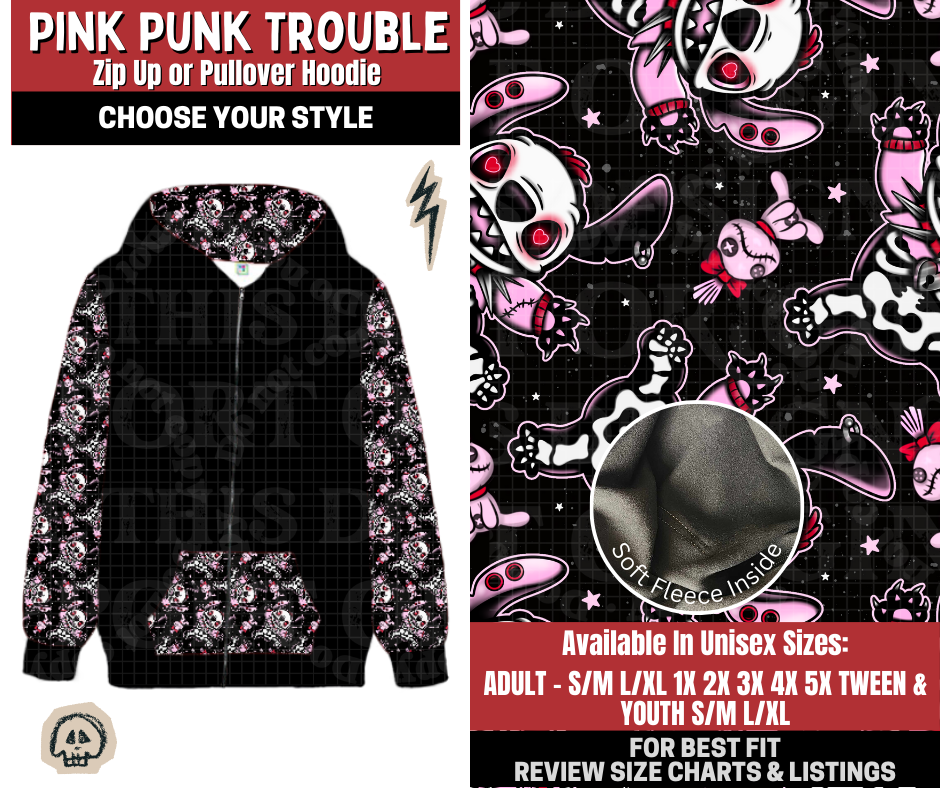 Preorder! Closes 12/22. ETA March. Pink Punk Trouble Zip-Up or Pullover Hoodie