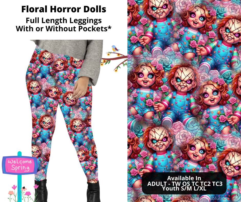 Preorder! Closes 1/27. ETA April. Floral Horror Dolls Full Length Leggings w/wo Pockets