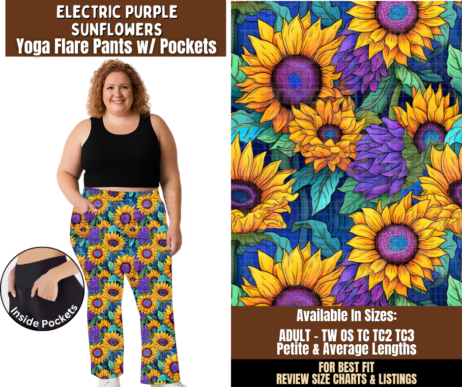 Preorder! Closes 7/29. ETA Oct. Electric Purple Sunflowers Yoga Flare Pants