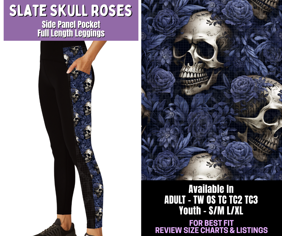 Preorder! Closes 12/18. ETA March. Slate Skull Roses Side Panel Pocket Full Length Leggings