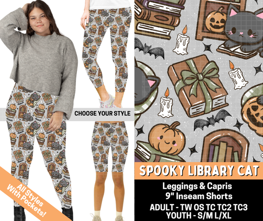 Preorder! Closes 7/1. ETA Oct. Spooky Library Cat Combo Legging Lengths