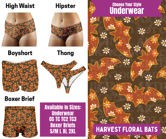 Preorder! Closes 6/24. ETA Sept. Harvest Floral Bats Hipster, High Waist, Boyshort, & Thong Underwear & Boxer Briefs