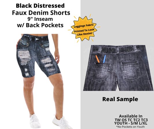 Preorder! Closes 12/24. ETA March. Black Distressed Faux Denim Jamaica Shorts