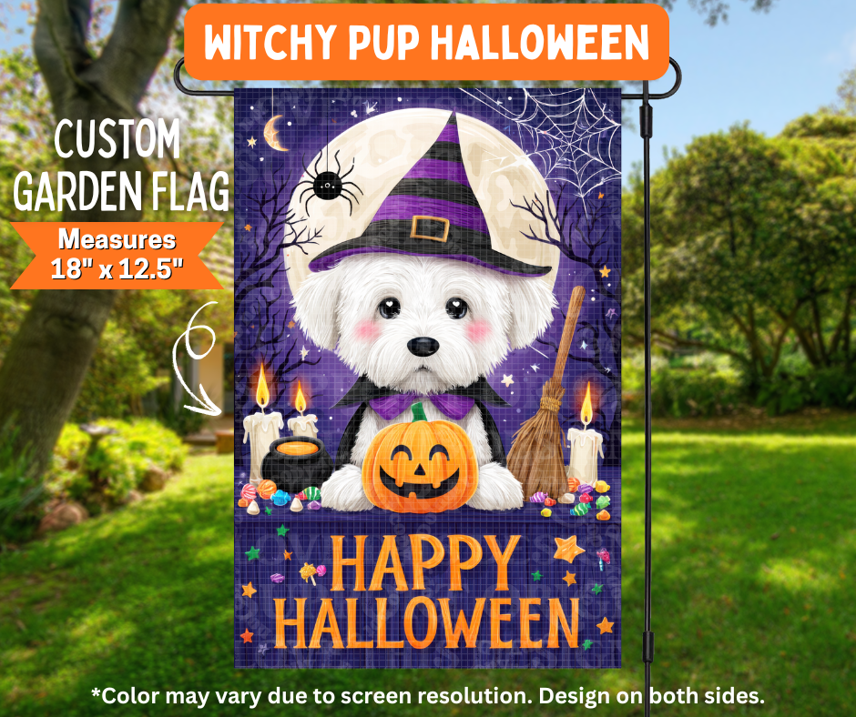 Preorder! Closes 7/6. ETA Oct. Witchy Pup Halloween Garden Flag