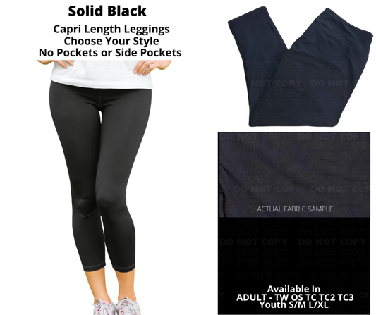 Preorder! Closes 12/24. ETA March. Solid Black Capri Length Leggings w/wo Pockets