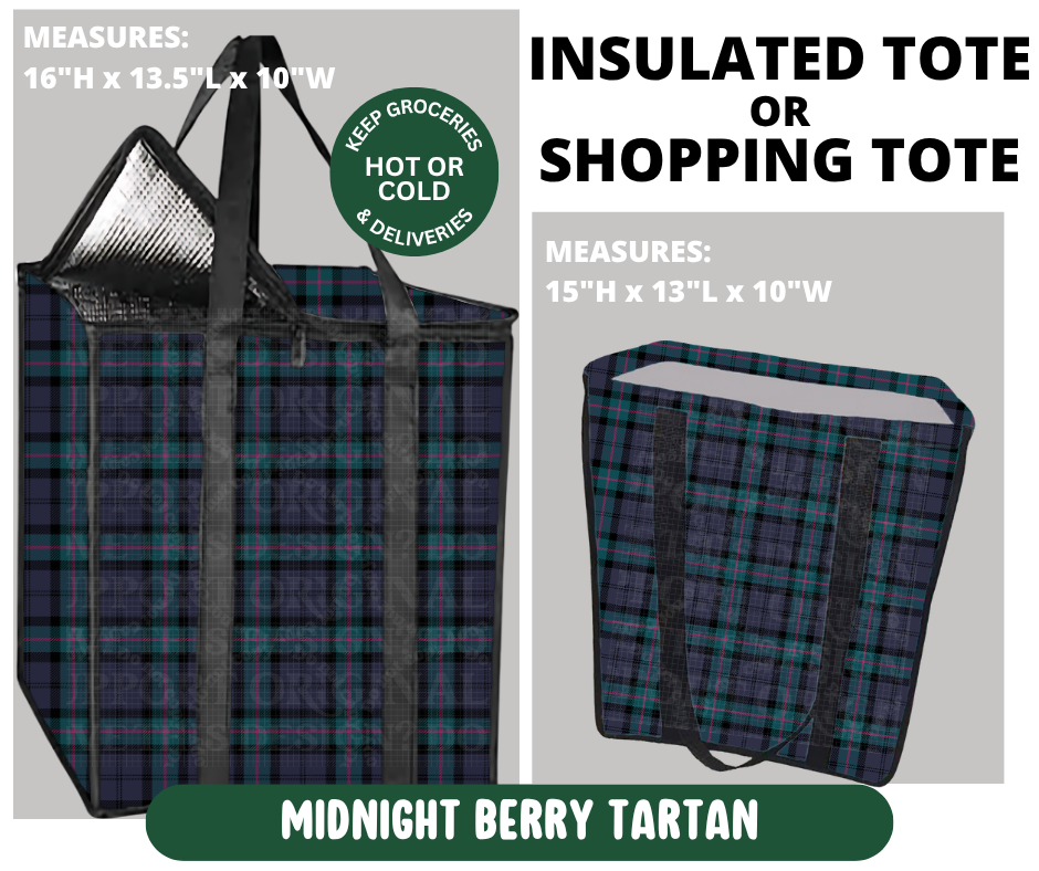 Preorder! Closes 10/7. ETA Jan. Midnight Berry Tartan Shopping & Insulated Tote