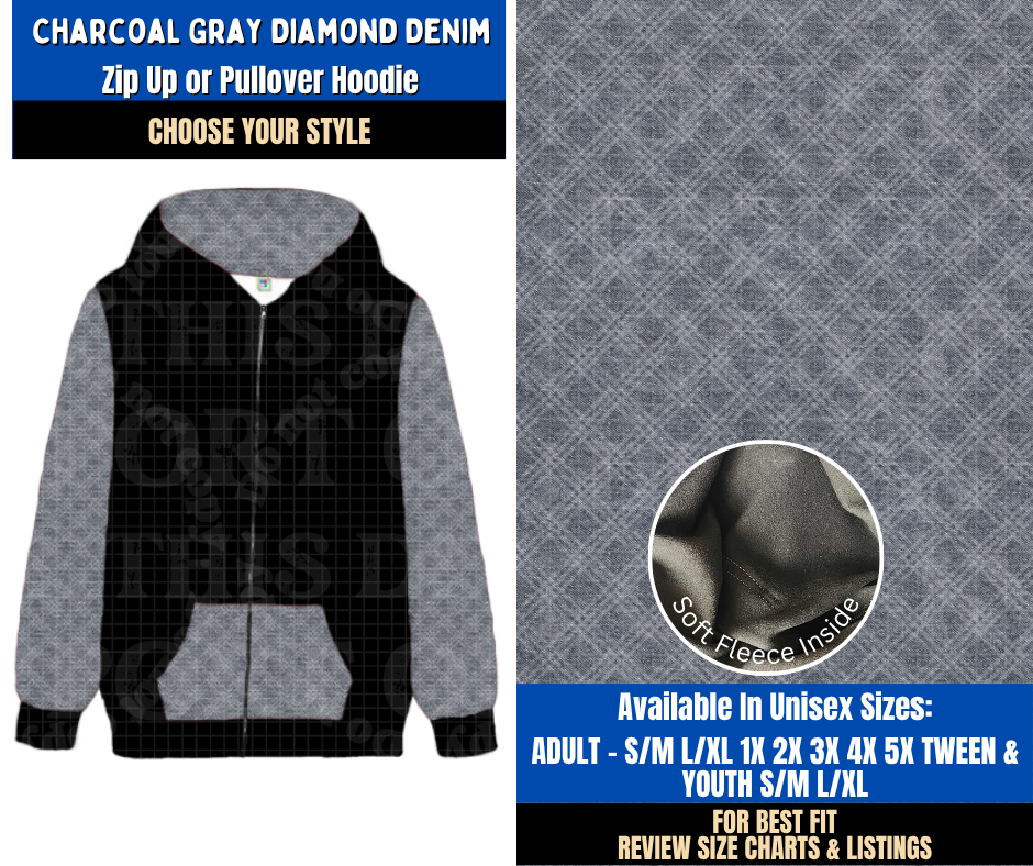 Preorder! Closes 9/16. ETA Dec. Charcoal Gray Diamond Denim Zip-Up or Pullover Hoodie