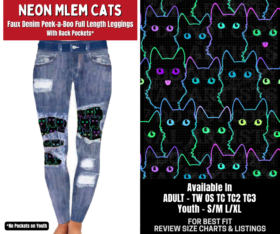 Preorder! Closes 10/26. ETA Jan. Neon Mlem Cats Full Length Faux Denim Peekaboo