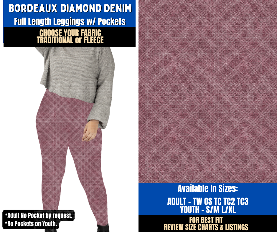 Preorder! Closes 9/16. ETA Dec. Bordeaux Diamond Denim Leggings Choose Fleece or Traditional