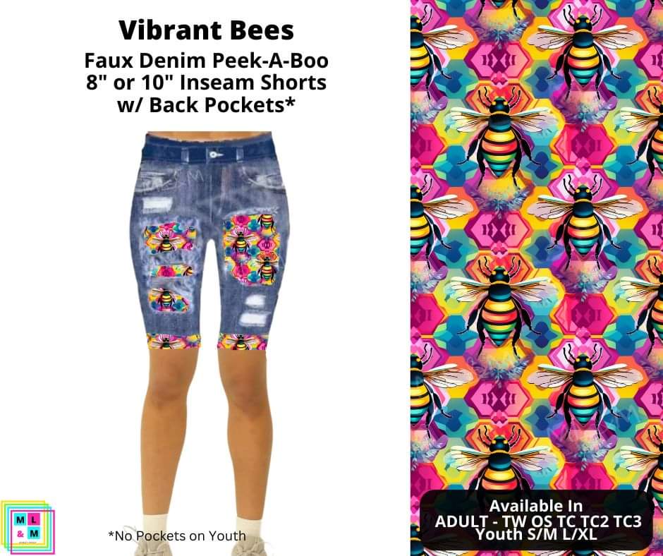 Vibrant Bees Faux Denim Shorts w/ Back Pockets