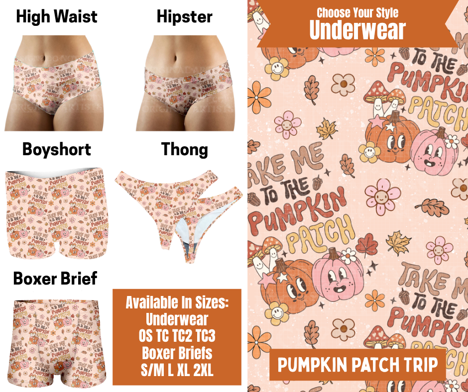 Preorder! Closes 7/30. ETA Oct. Pumpkin Patch Trip Hipster, High Waist, Boyshort, & Thong Underwear & Boxer Briefs