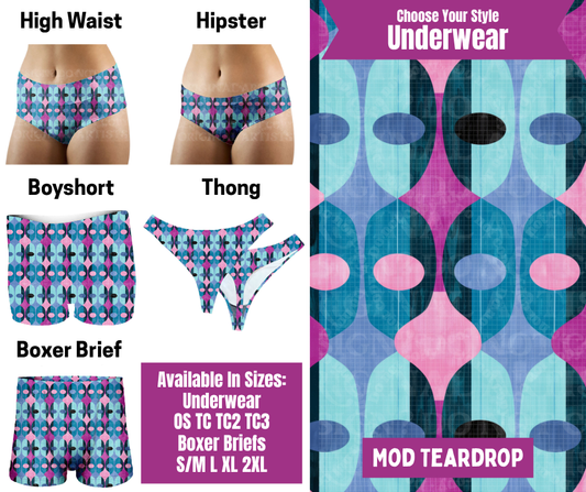 Preorder! Closes 6/24. ETA Sept. Mod Teardrop Hipster, High Waist, Boyshort, & Thong Underwear & Boxer Briefs