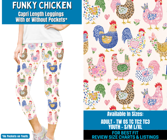Preorder! Closes 2/2. ETA May. Funky Chickens Capri Length Leggings w/wo Pockets