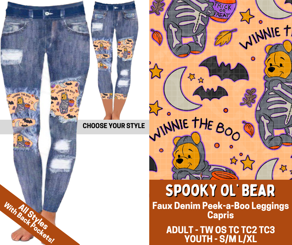 Preorder! Closes 7/13. ETA Oct. Spooky Ol' Bear Combo Faux Denim Peekaboo Legging Lengths