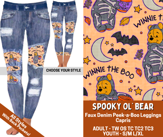 Preorder! Closes 7/13. ETA Oct. Spooky Ol' Bear Combo Faux Denim Peekaboo Legging Lengths