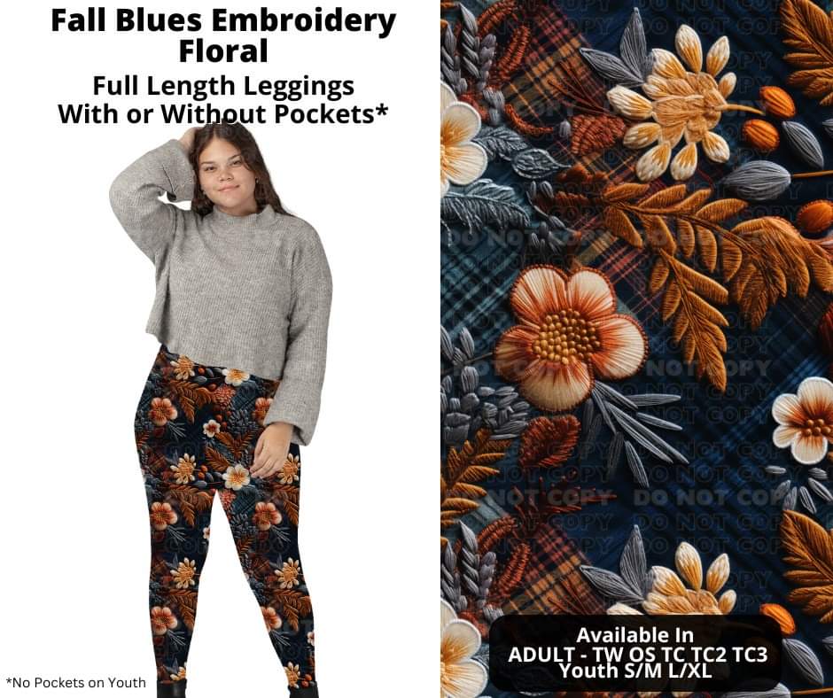 Fall Blues Embroidery Floral Full Length Leggings w/ Pockets