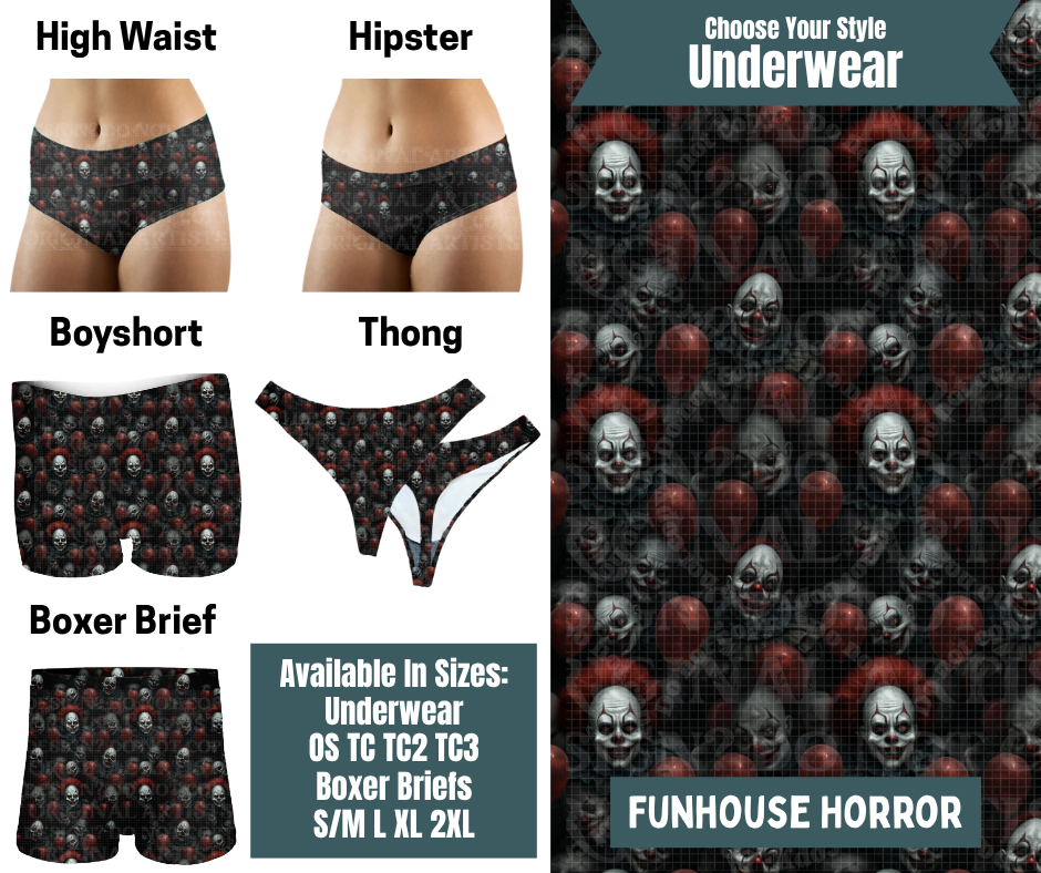 Preorder! Closes 9/30. ETA Dec. Funhouse Horror Hipster, High Waist, Boyshort, & Thong Underwear & Boxer Briefs