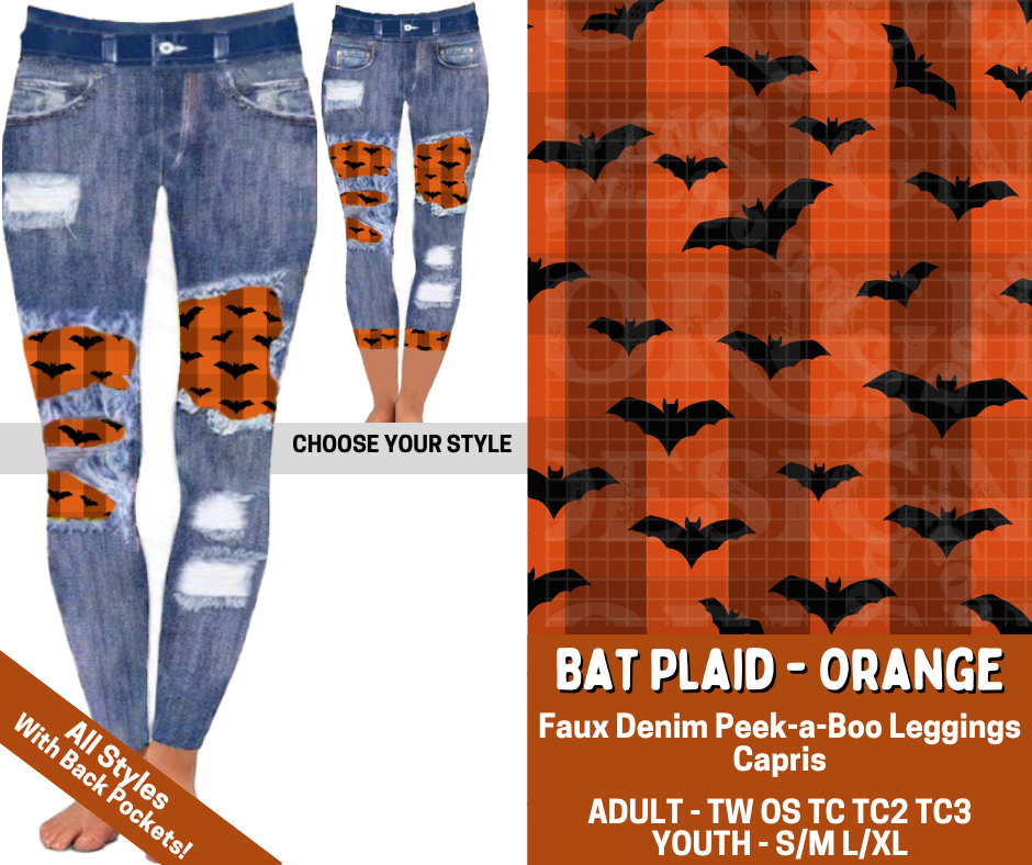 Preorder! Closes 7/13. ETA Oct. Bat Plaid - Orange Combo Faux Denim Peekaboo Legging Lengths