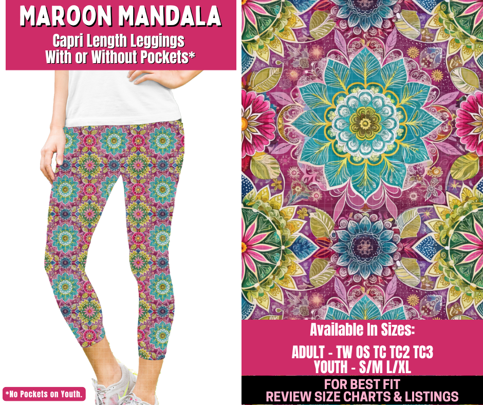 Preorder! Closes 12/31. ETA March. Maroon Mandala Full Length Capri Length Leggings w/wo Pockets