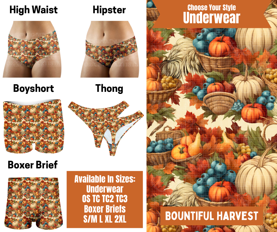Preorder! Closes 7/30. ETA Oct. Bountiful Harvest Hipster, High Waist, Boyshort, & Thong Underwear & Boxer Briefs