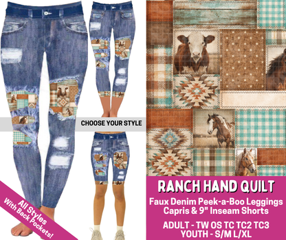 Preorder! Closes 6/18. ETA Sept. Ranch Hand Quilt Combo Faux Denim Peekaboo Legging Lengths