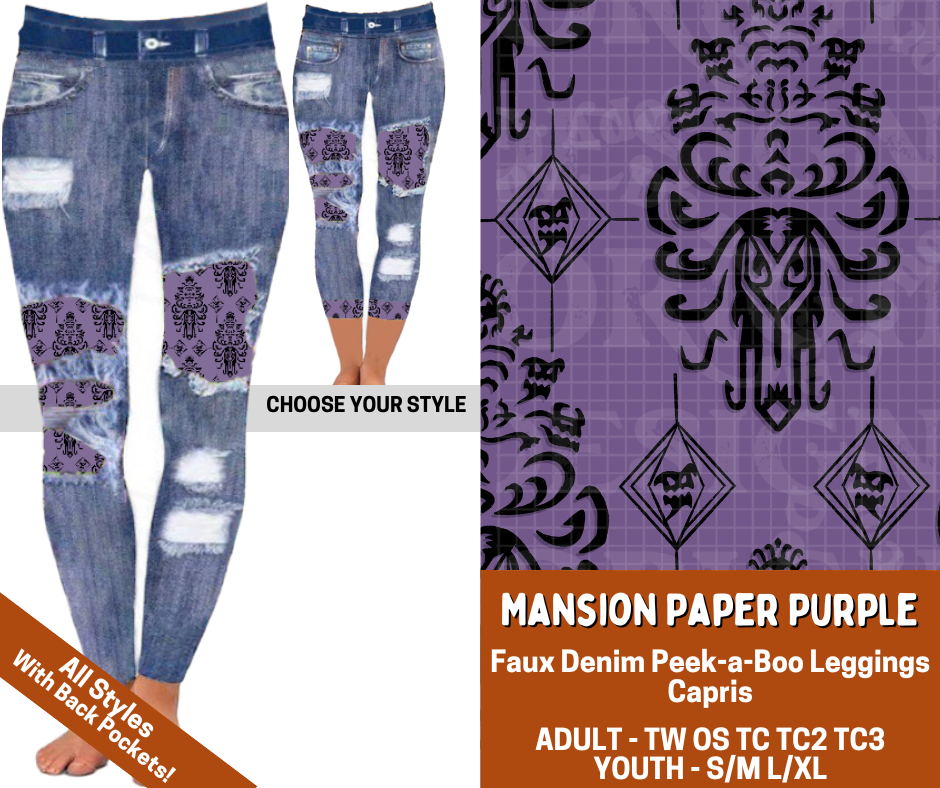 Preorder! Closes 7/13. ETA Oct. Mansion Paper Purple Combo Faux Denim Peekaboo Legging Lengths