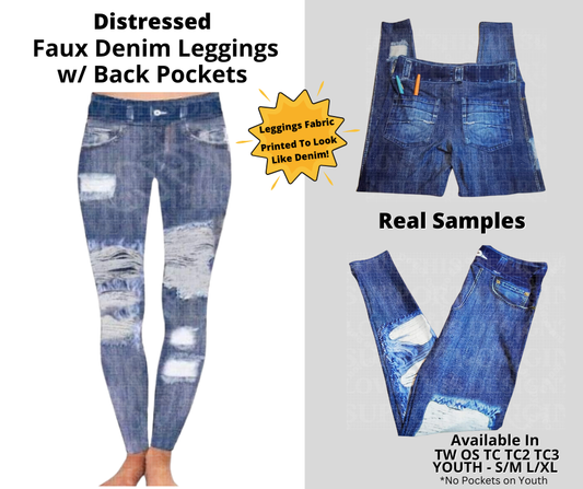 Preorder! Closes 12/24. ETA March. Blue Distressed Full Length Faux Denim Leggings