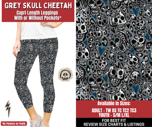Preorder! Closes 12/22. ETA March. Grey Skull Cheetah Capri Length Leggings w/wo Pockets