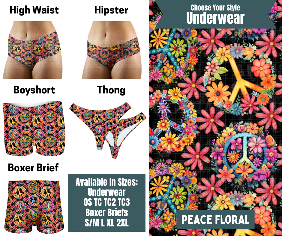 Preorder! Closes 9/30. ETA Dec. Peace Floral Hipster, High Waist, Boyshort, & Thong Underwear & Boxer Briefs