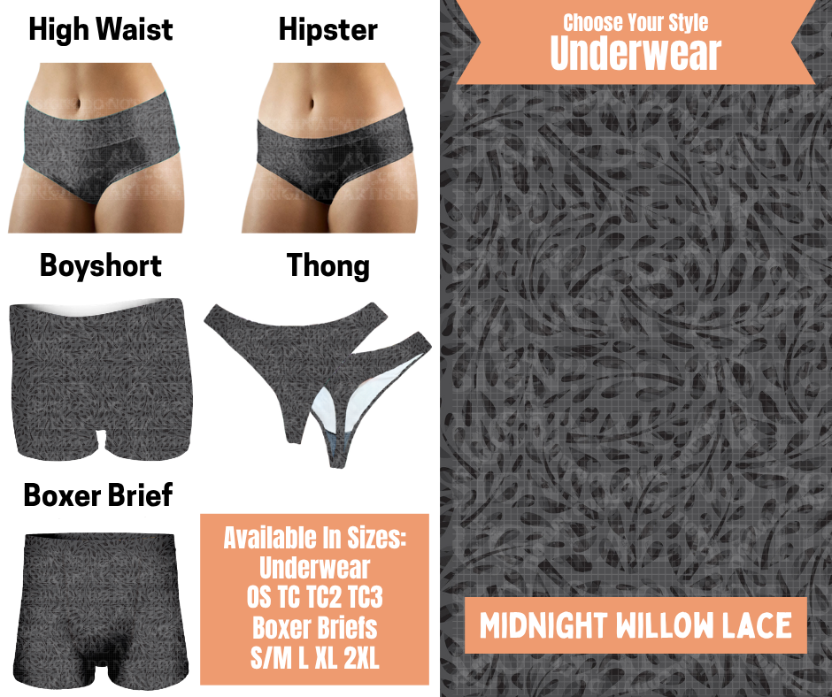 Preorder! Closes 11/5. ETA Feb. Midnight Willow Lace Hipster, High Waist, Boyshort, & Thong Underwear & Boxer Briefs