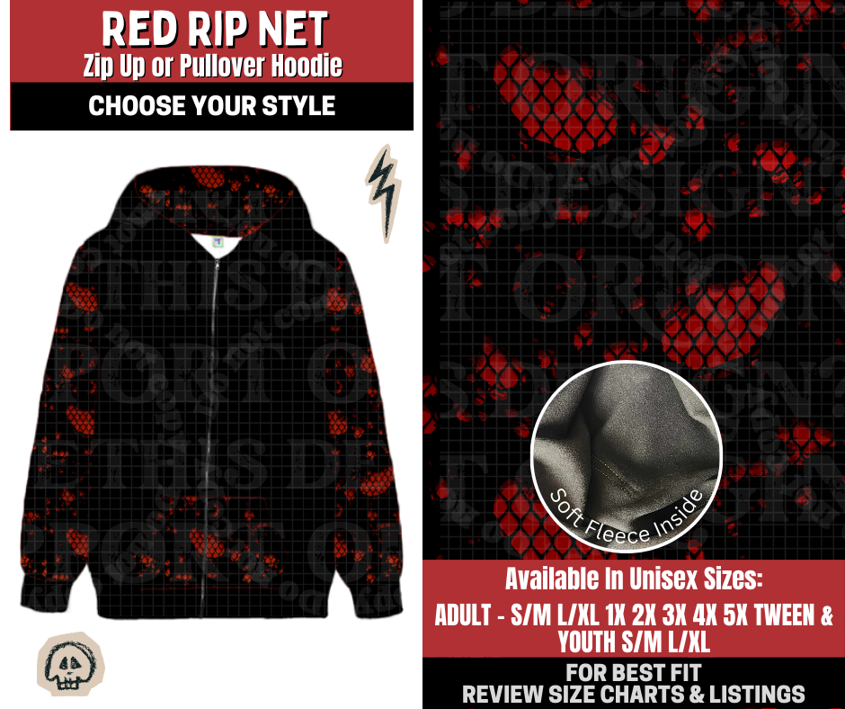 Preorder! Closes 12/22. ETA March. Red Rip Net Zip-Up or Pullover Hoodie