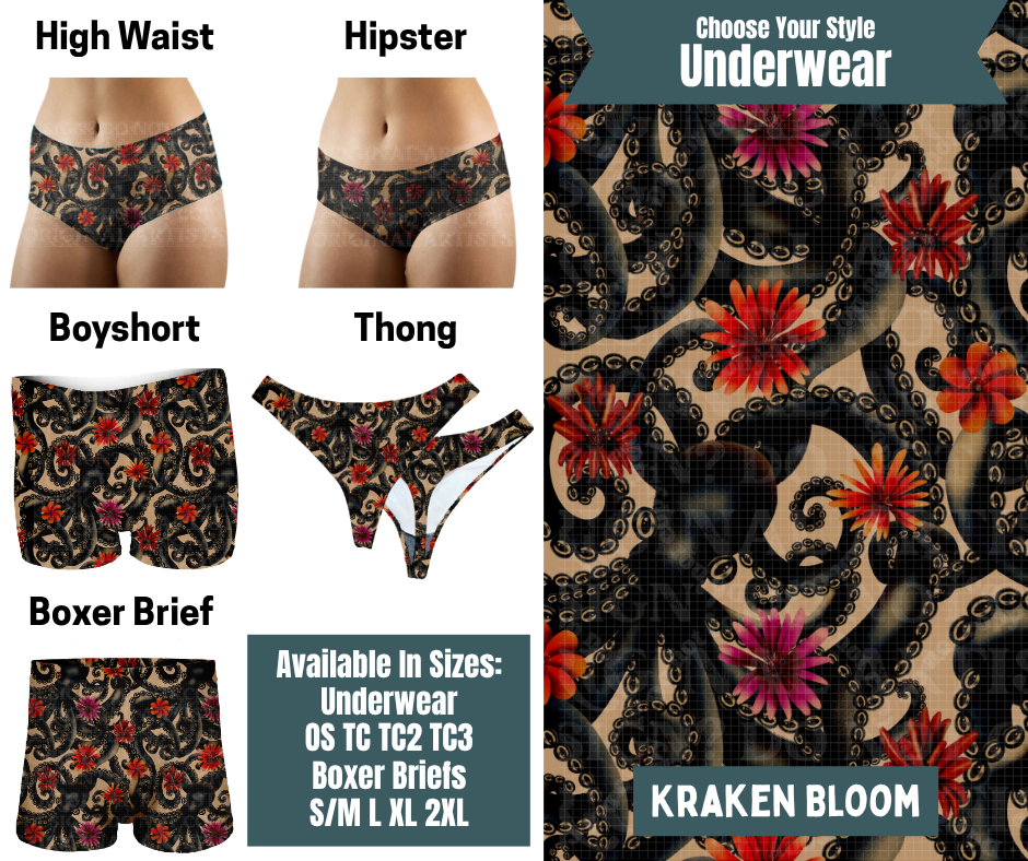 Preorder! Closes 9/30. ETA Dec. Kraken Bloom Hipster, High Waist, Boyshort, & Thong Underwear & Boxer Briefs