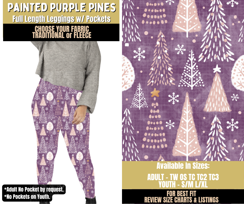 Preorder! Closes 9/9. ETA Dec. Painted Purple Pines Leggings Choose Fleece or Traditional