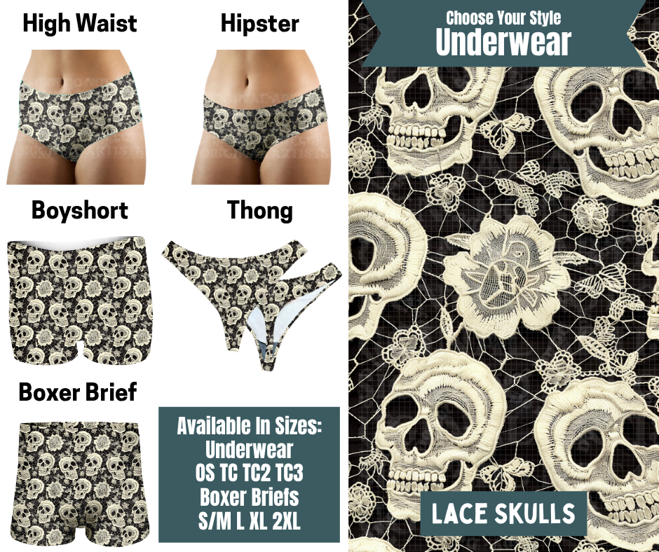 Preorder! Closes 9/30. ETA Dec. Lace Skulls Hipster, High Waist, Boyshort, & Thong Underwear & Boxer Briefs