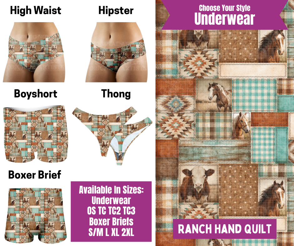Preorder! Closes 6/24. ETA Sept. Ranch Hand Quilt Hipster, High Waist, Boyshort, & Thong Underwear & Boxer Briefs