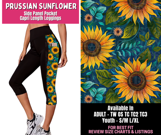Preorder! Closes 1/1. ETA March. Prussian Sunflower Panel Pocket Capri Length Leggings