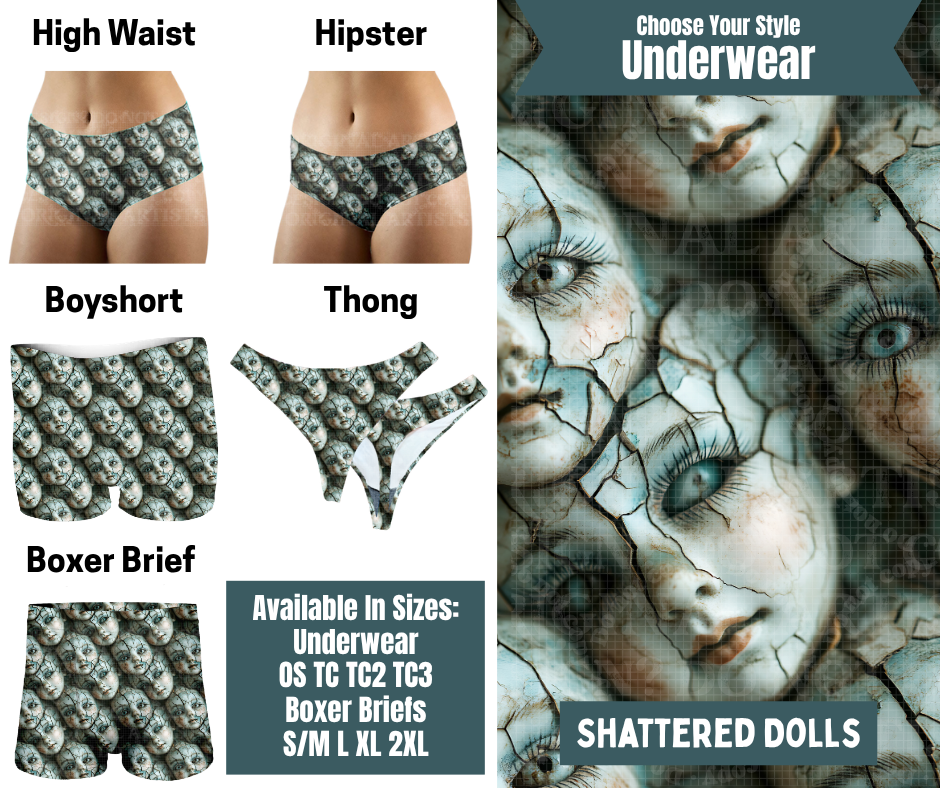 Preorder! Closes 9/30. ETA Dec. Shattered Dolls Hipster, High Waist, Boyshort, & Thong Underwear & Boxer Briefs