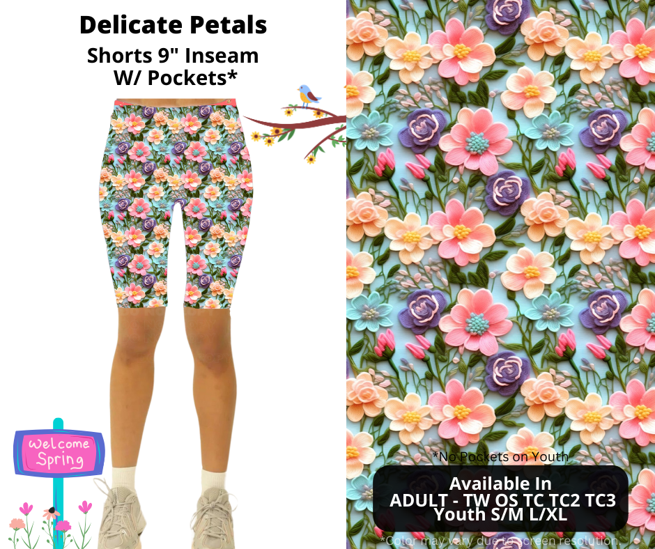 Preorder! Closes 1/27. ETA April. Delicate Petals 9" Inseam Shorts w/wo Pockets