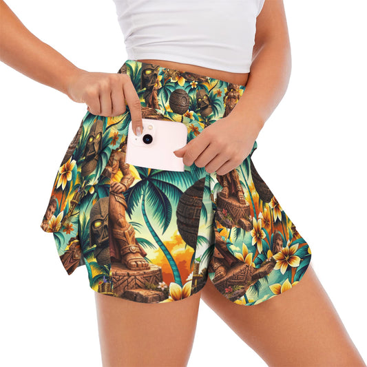Tiki Princess 3 Women's High Waist Layered Ruffle  Pocket Sports Skirts