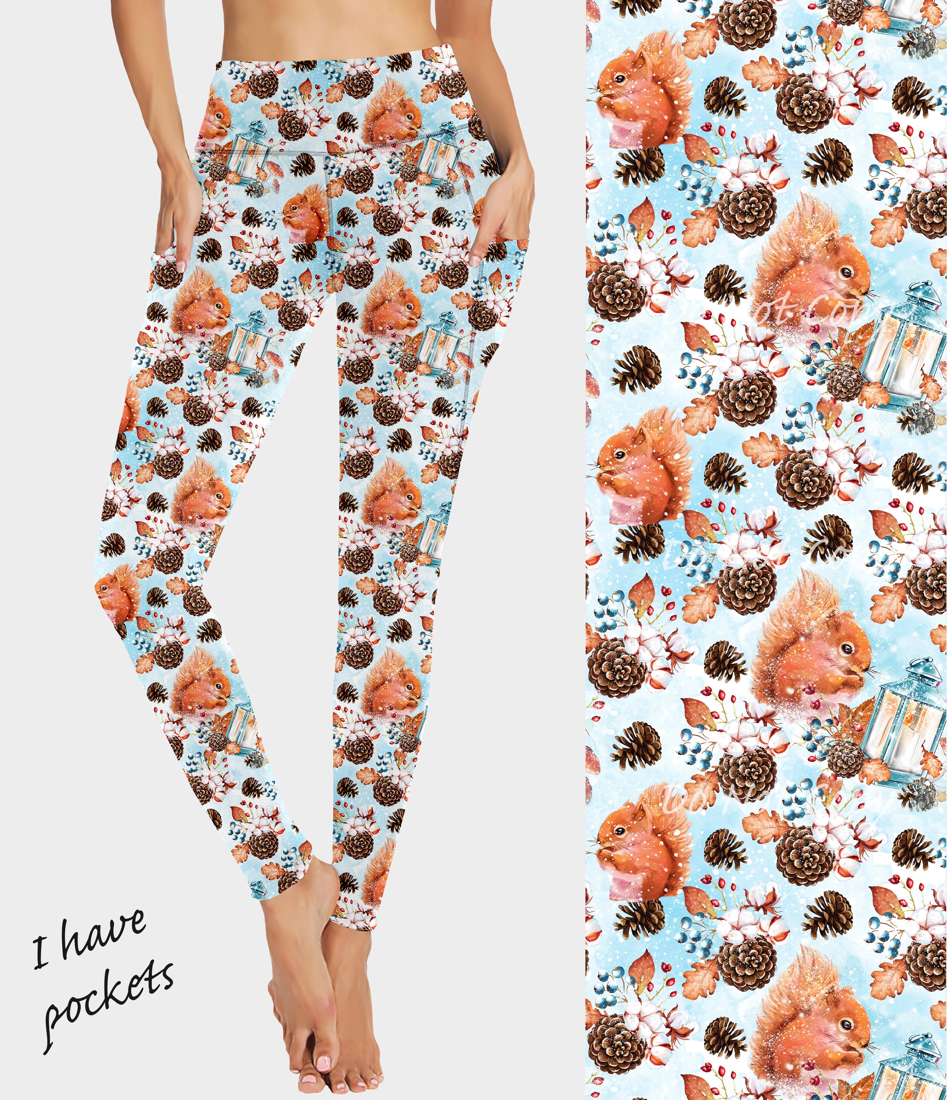 RTS - Snowy Squirrel Leggings w/ Triangle Sport Pockets