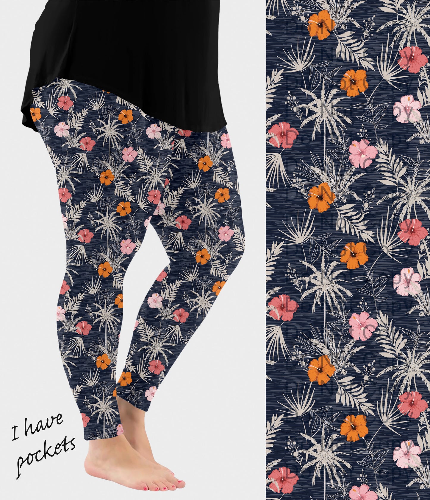 RTS - Tropical Hibiscus Nightfall Leggings with Pockets