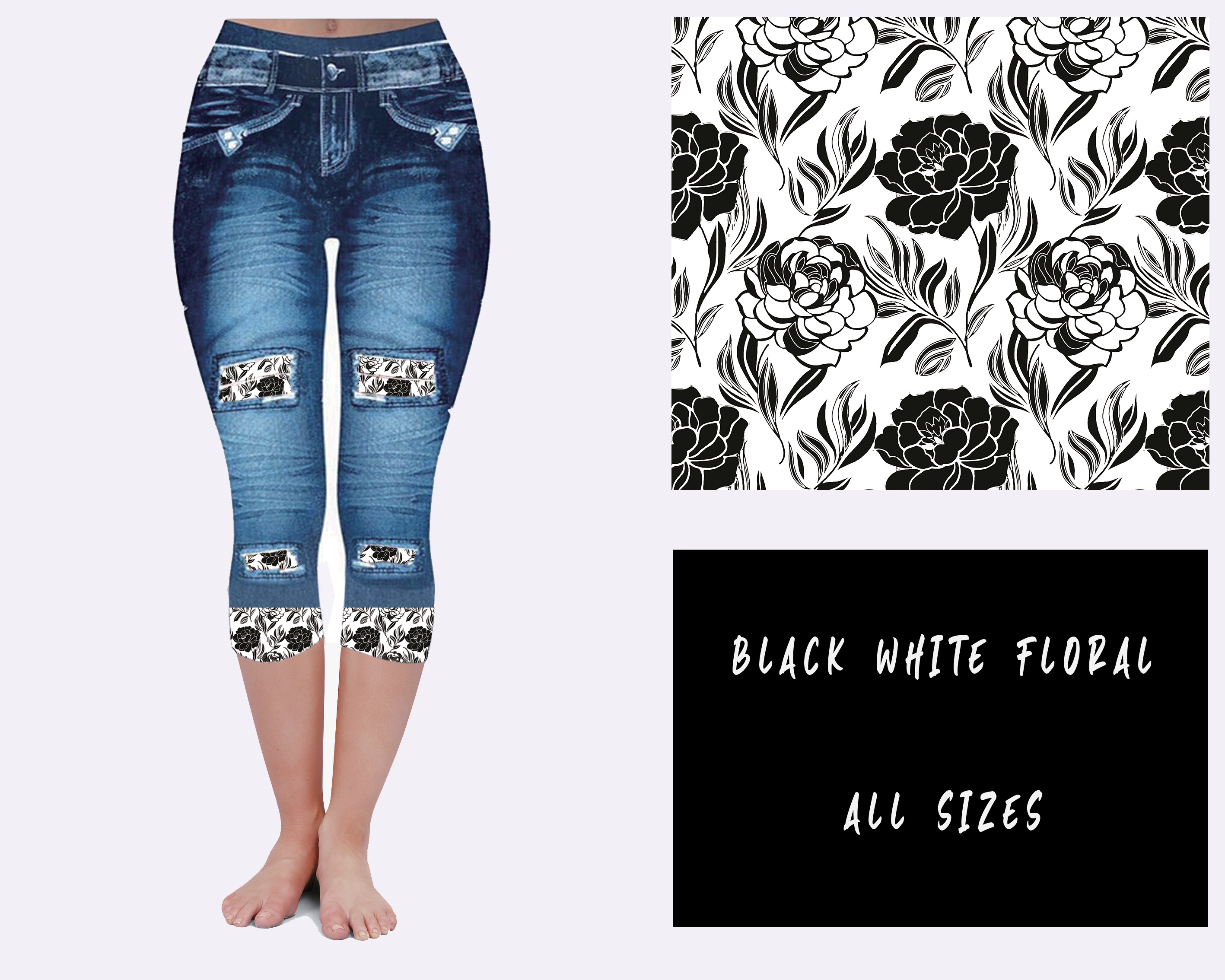 LEGGING JEAN RUN-BLACK WHITE FLORAL (ACTIVE BACK POCKETS)