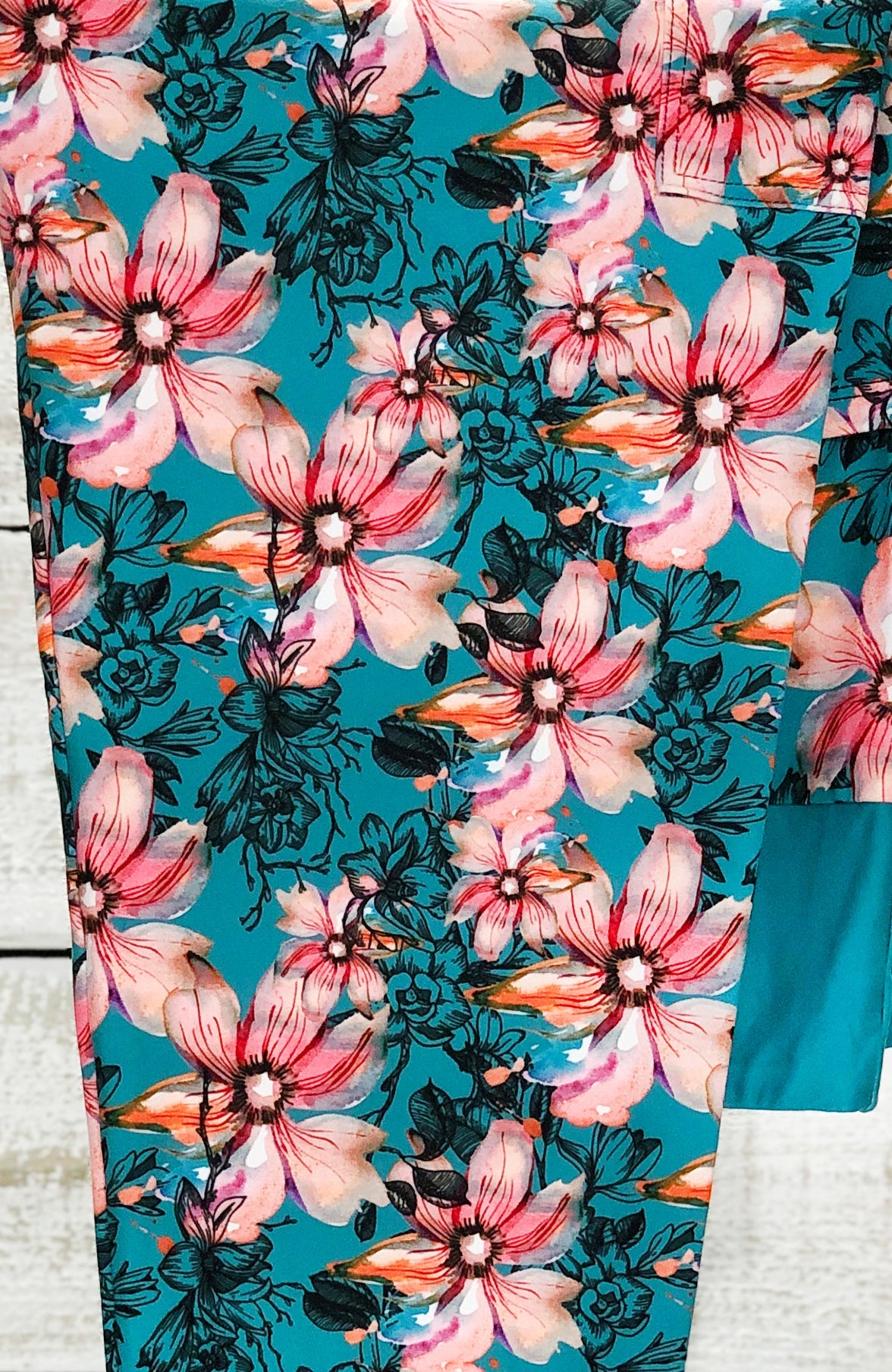 RTS - Teal Watercolor Floral Leggings w/ Pockets